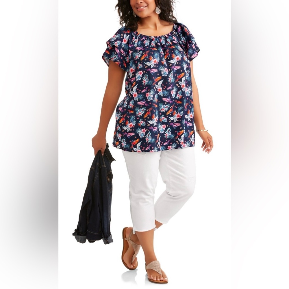 Terra & Sky Women’s Plus Double Layer Sleeve Peasant Top, Blue Sapphire, Size 1X